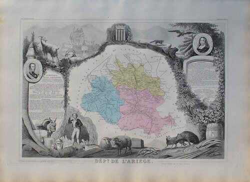 France, Carte ancienne de l'Ariège, Gravure originale Victor Levasseur