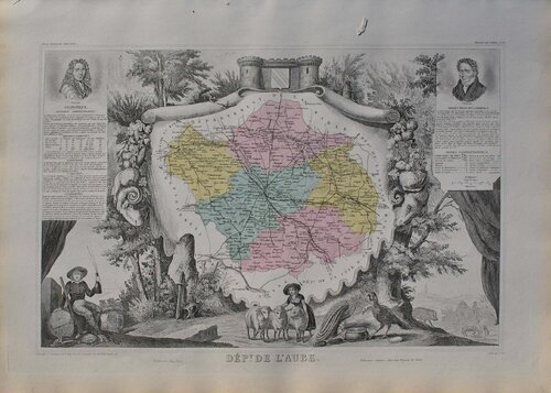 France, Carte ancienne de l'Aube, Gravure originale Victor Levasseur
