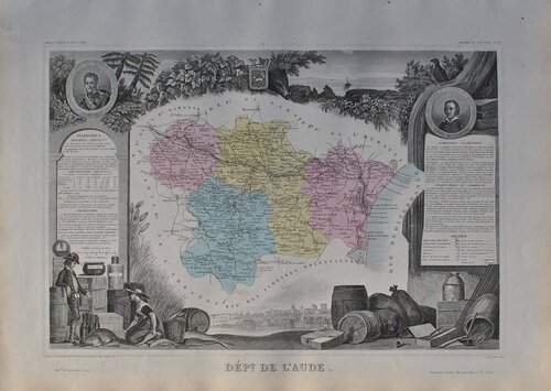 France, Carte ancienne de l'Aude, Gravure originale Victor Levasseur