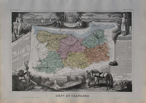 France, Carte ancienne du Calvados, Gravure originale Victor Levasseur