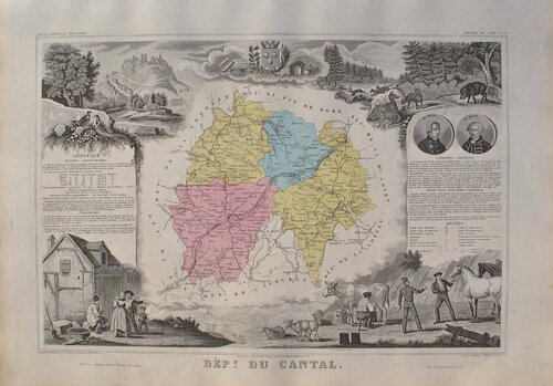 France, Carte ancienne du Cantal, Gravure originale Victor Levasseur