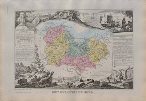 France, Carte ancienne des Côtes du Nord, Gravure originale Victor Levasseur