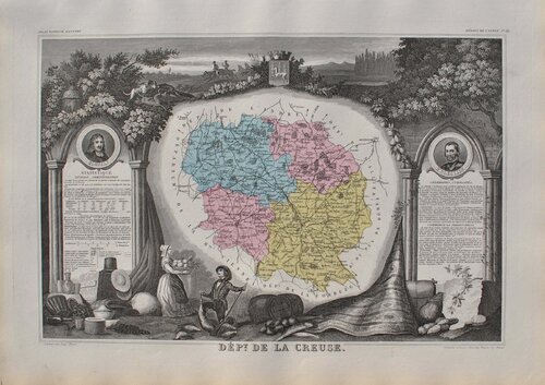 France, Carte ancienne de la Creuse, Gravure originale Victor Levasseur