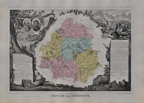 France, Carte ancienne de la Dordogne, Gravure originale Victor Levasseur