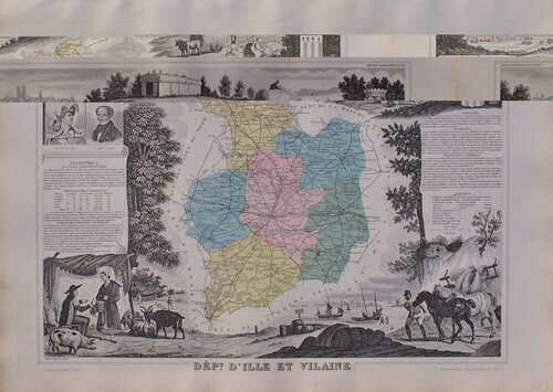 France, Carte ancienne d'Ille et Vilaine, Gravure originale Victor Levasseur