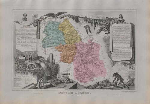 France, Carte ancienne de L'Isère, Gravure originale Victor Levasseur