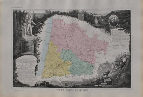 France, Carte ancienne des Landes, Gravure originale Victor Levasseur