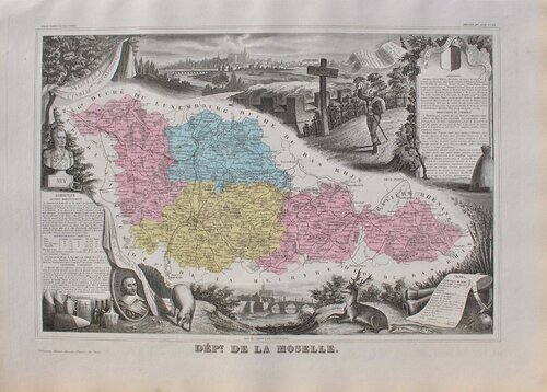 France, Carte ancienne de la Moselle, Gravure originale Victor Levasseur
