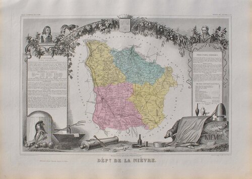 France, Carte ancienne de la Nièvre, Gravure originale Victor Levasseur