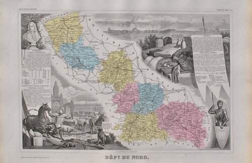 France, Carte ancienne du Nord, Gravure originale Victor Levasseur