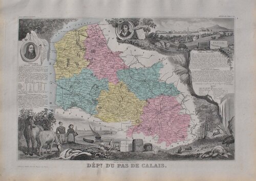 France, Carte ancienne du Pas de Calais, Gravure originale Victor Levasseur