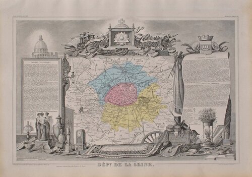 France, Carte ancienne de la Seine, Gravure originale Victor Levasseur