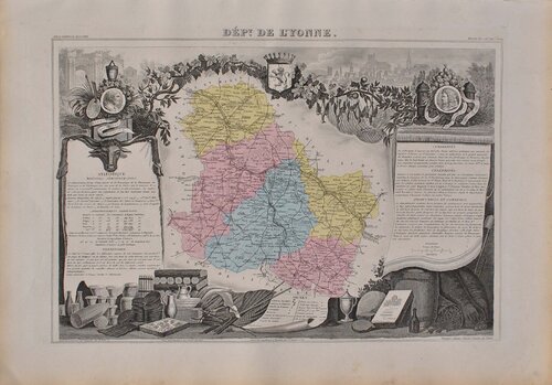 France, Carte ancienne de l'Yonne, Gravure originale Victor Levasseur