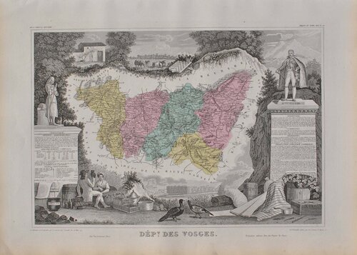 France, Carte ancienne des Vosges, Gravure originale Victor Levasseur