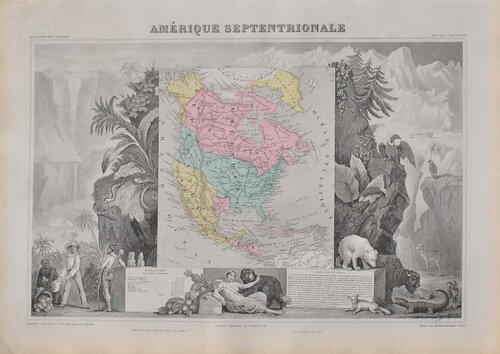 Carte ancienne de l'Amérique Septentrionale, Gravure originale Victor Levasseur