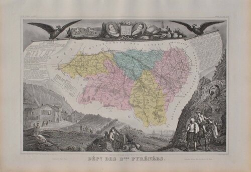France, Carte ancienne des Pyrénées, Gravure originale Victor Levasseur