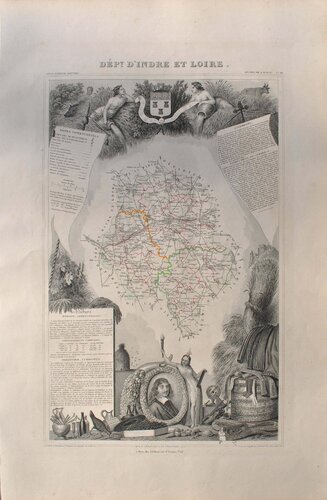 Carte ancienne de l'Indre et Loire et ses arrondissements, Gravure originale di Victor Levasseur, Stampa in vendita su Singulart