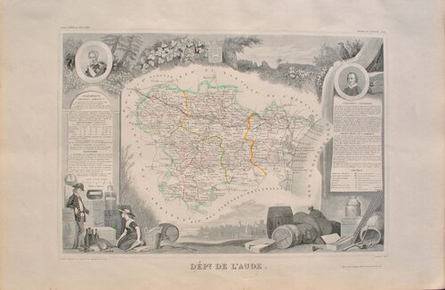 Carte ancienne de l'Aude et ses arrondissements, Gravure originale de Victor Levasseur, Impresión a la venta en Singulart