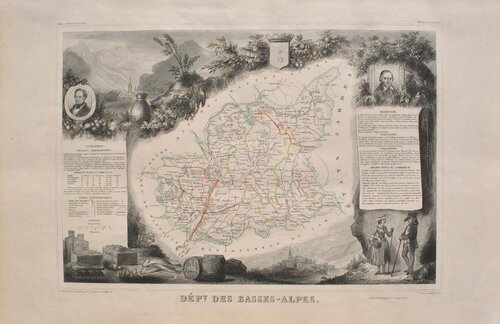 Carte ancienne des Basses Alpes et ses arrondissements, Gravure originale by Victor Levasseur, Print for Sale on Singulart