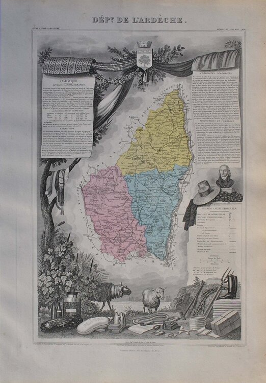 France, Carte ancienne de l'Ardèche, Gravure originale Victor Levasseur