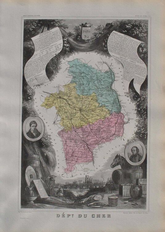 France, Carte ancienne du Cher, Gravure originale Victor Levasseur