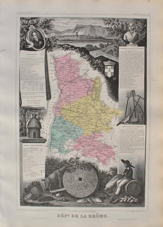 France, Carte ancienne de la Drôme, Gravure originale Victor Levasseur