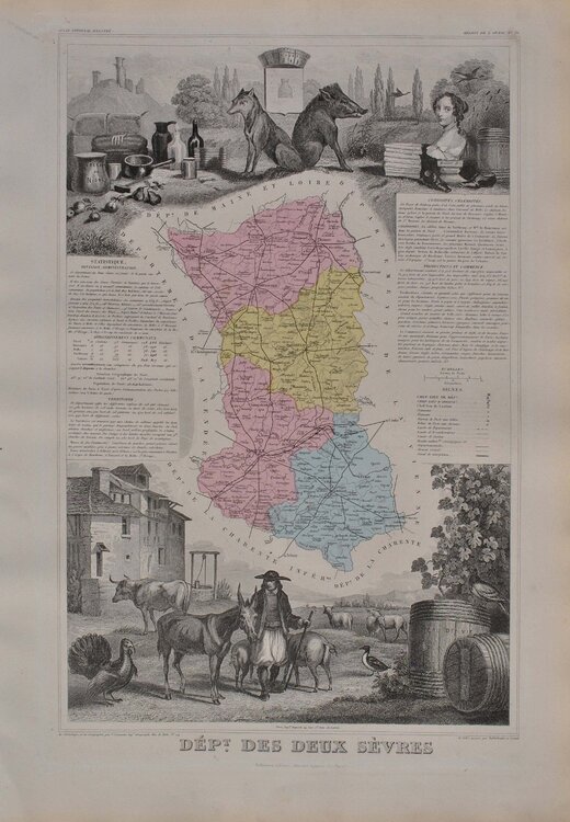 France, Carte ancienne des Deux Sèvres, Gravure originale Victor Levasseur