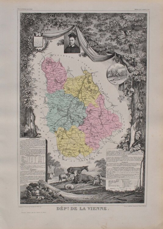 France, Carte ancienne de la Vienne, Gravure originale Victor Levasseur