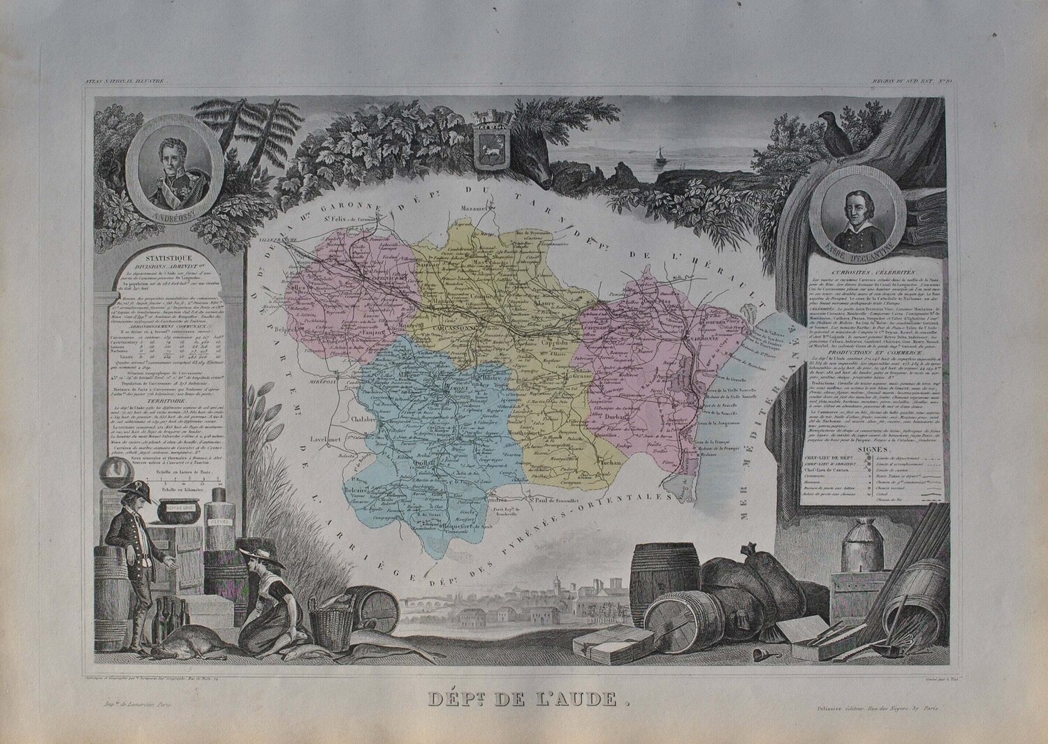 France, Carte ancienne de l'Aude, Gravure originale Victor Levasseur Stampa in vendita