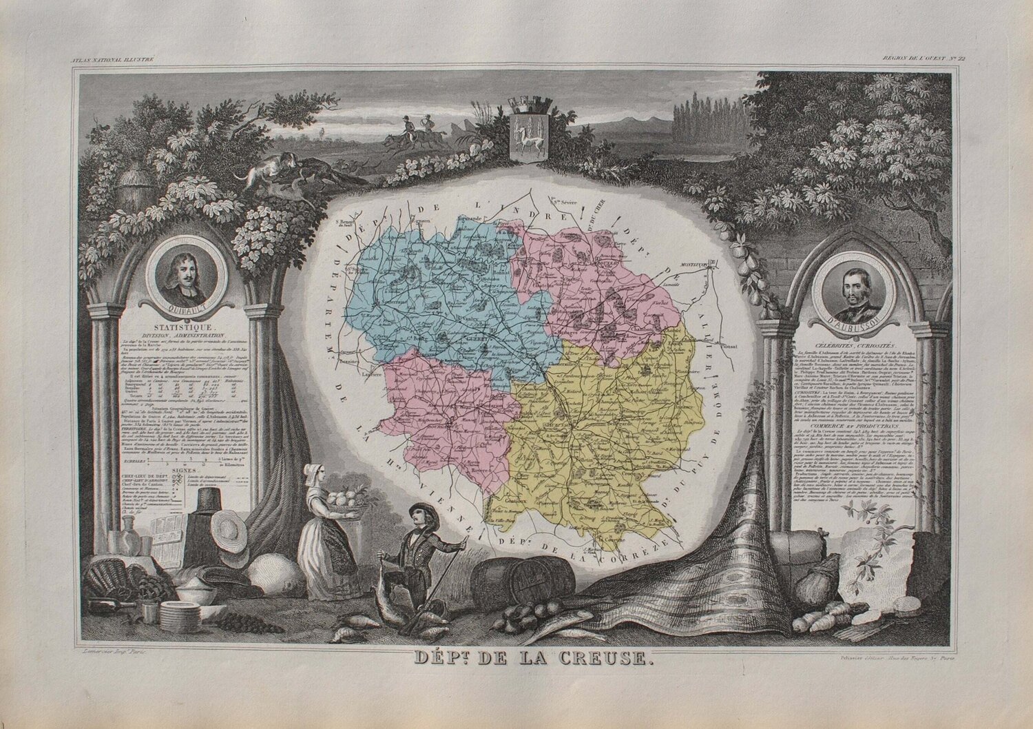 France, Carte ancienne de la Creuse, Gravure originale Victor Levasseur Druck zu verkaufen