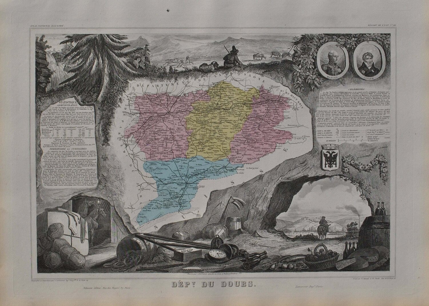 France, Carte ancienne du Doubs, Gravure originale Victor Levasseur Druck zu verkaufen