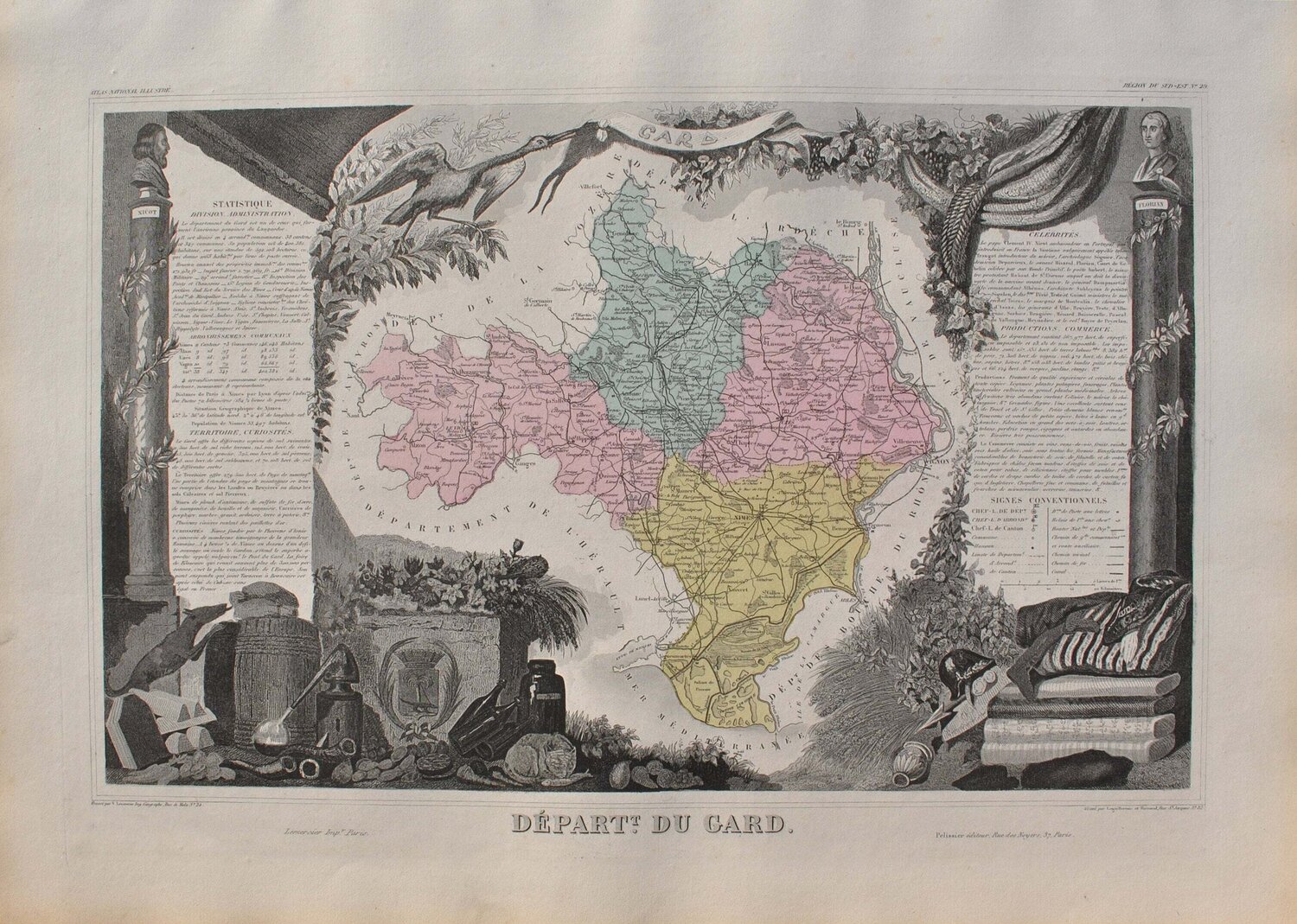 France, Carte ancienne du Gard, Gravure originale Victor Levasseur Afdruk te koop