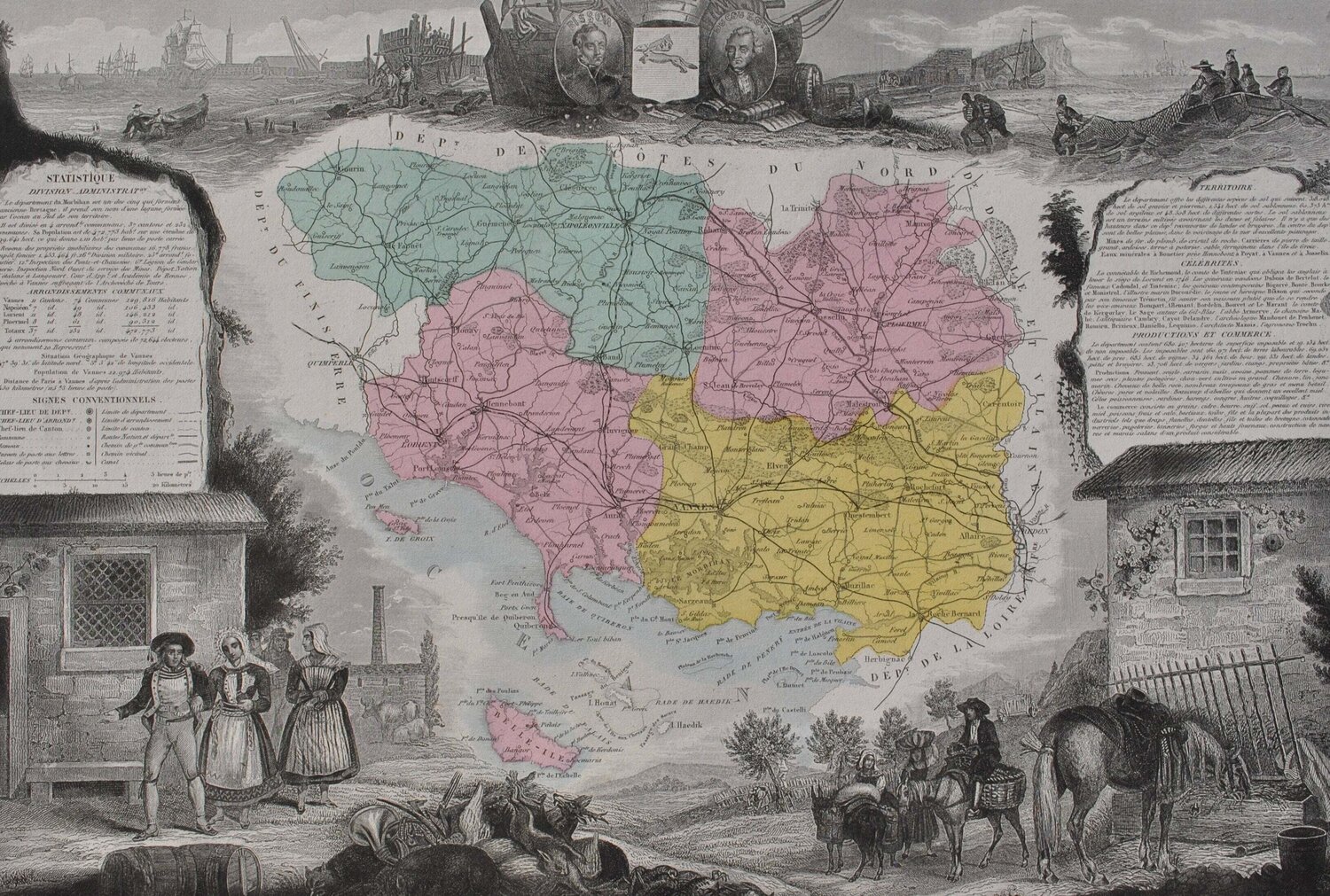 France, Carte ancienne du Morbihan, Gravure originale Victor Levasseur Afdruk te koop
