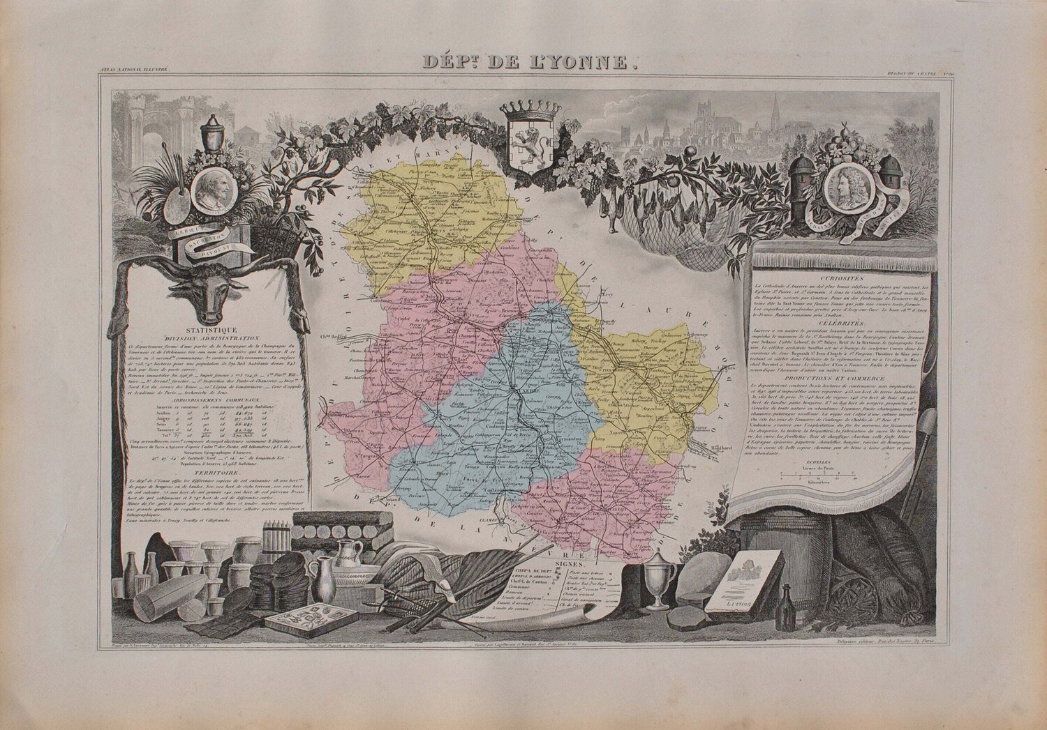France, Carte ancienne de l'Yonne, Gravure originale Victor Levasseur Stampa in vendita