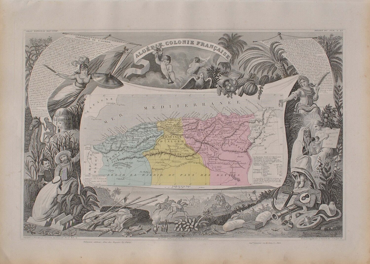 Carte ancienne de l'Algérie Française, Gravure originale Victor Levasseur Afdruk te koop