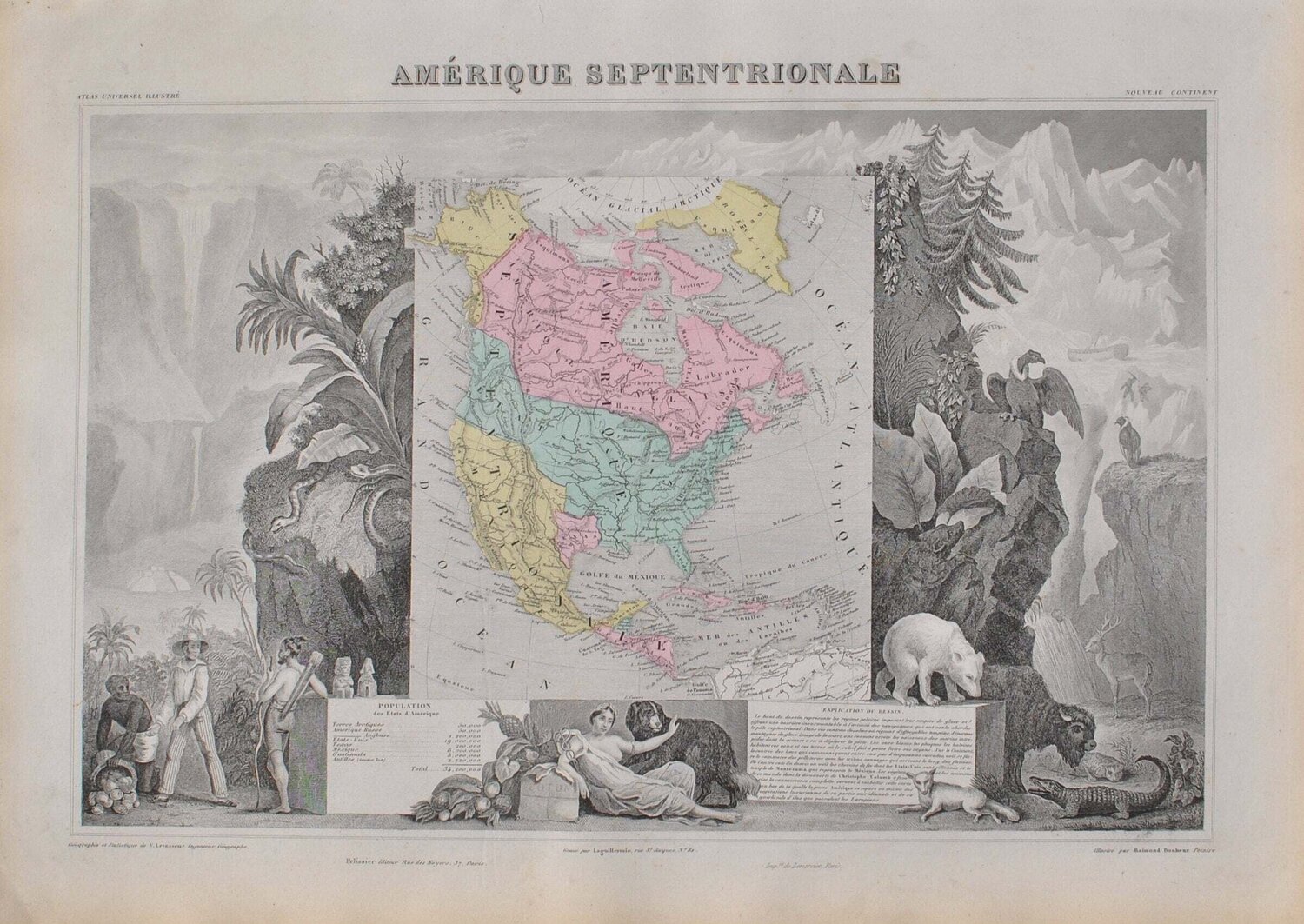 Carte ancienne de l'Amérique Septentrionale, Gravure originale Victor Levasseur Druck zu verkaufen