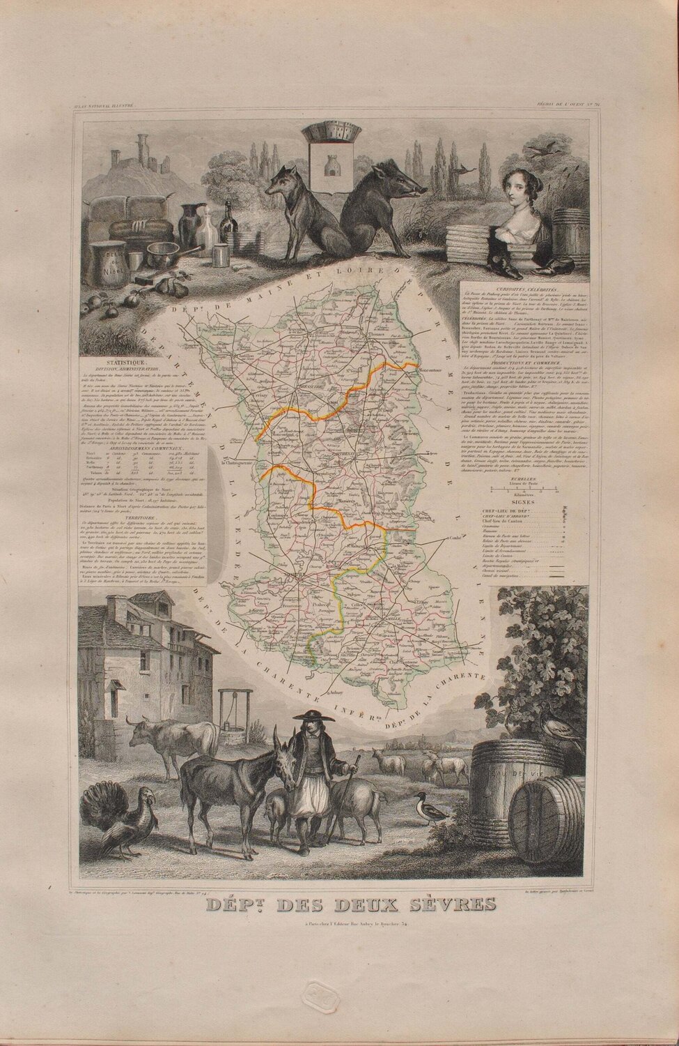 Carte ancienne des deux Sèvres et ses arrondissements, Gravure originale Victor Levasseur Édition à vendre