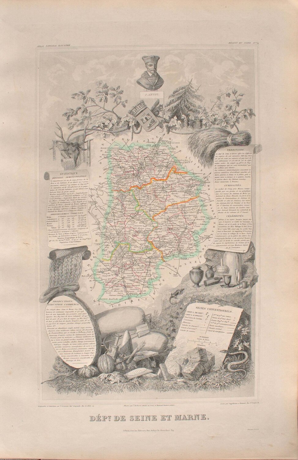 Carte ancienne de la Seine et Marne et ses arrondissements, Gravure originale Victor Levasseur Impresión en venta
