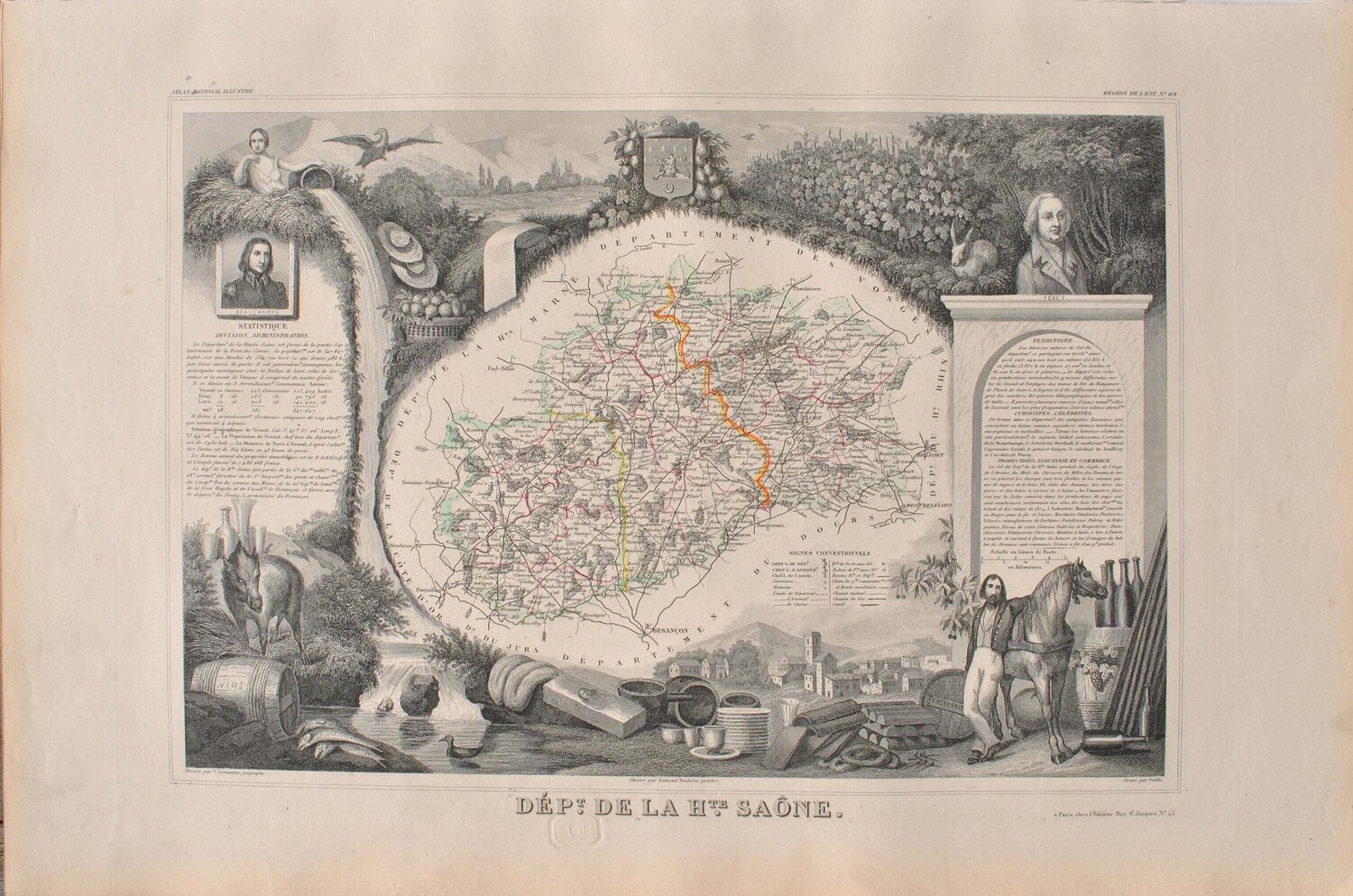Carte ancienne de la Haute Saône et ses arrondissements, Gravure originale Victor Levasseur Afdruk te koop