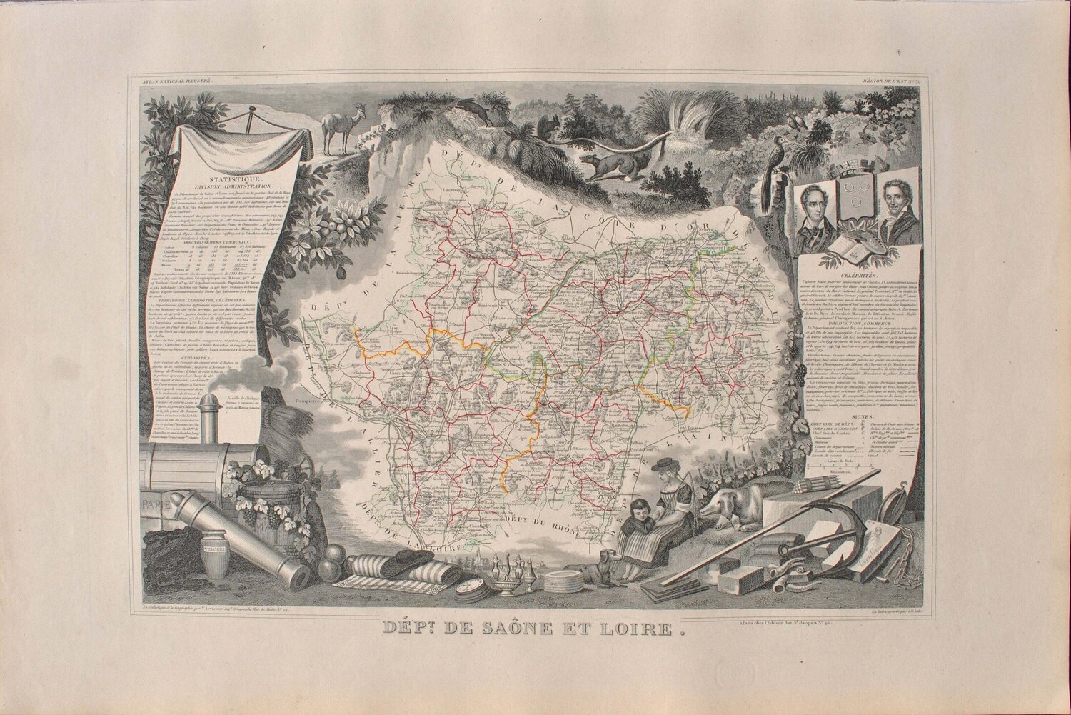 Carte ancienne de Saône et Loire et ses arrondissements, Gravure originale Victor Levasseur Druck zu verkaufen