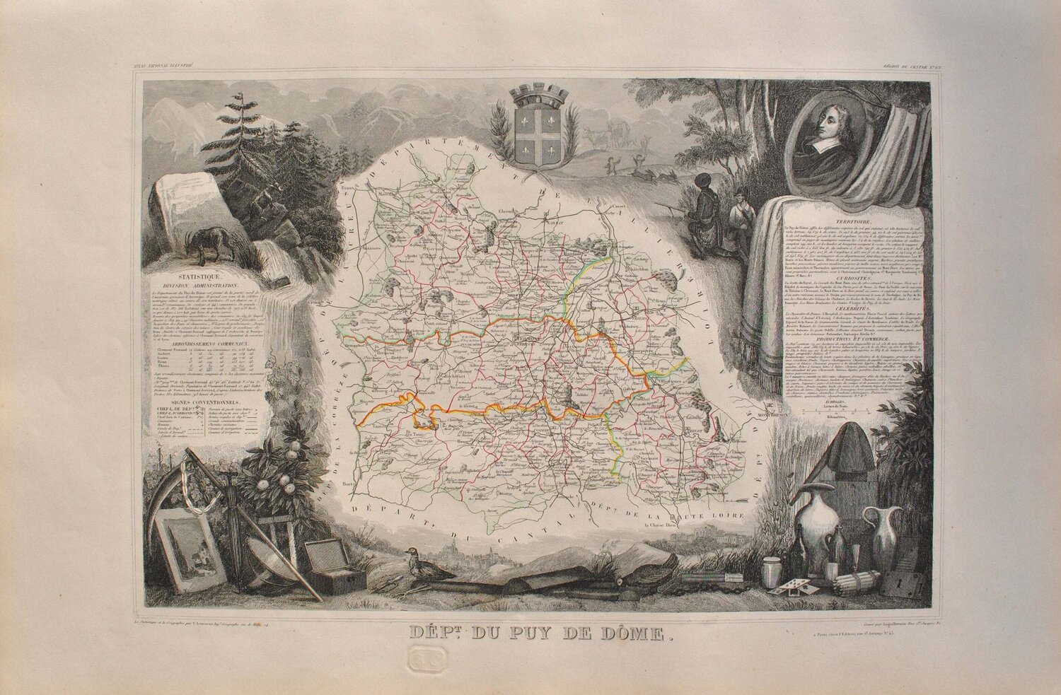 Carte ancienne du Puy de Dôme et ses arrondissements, Gravure originale Victor Levasseur Afdruk te koop