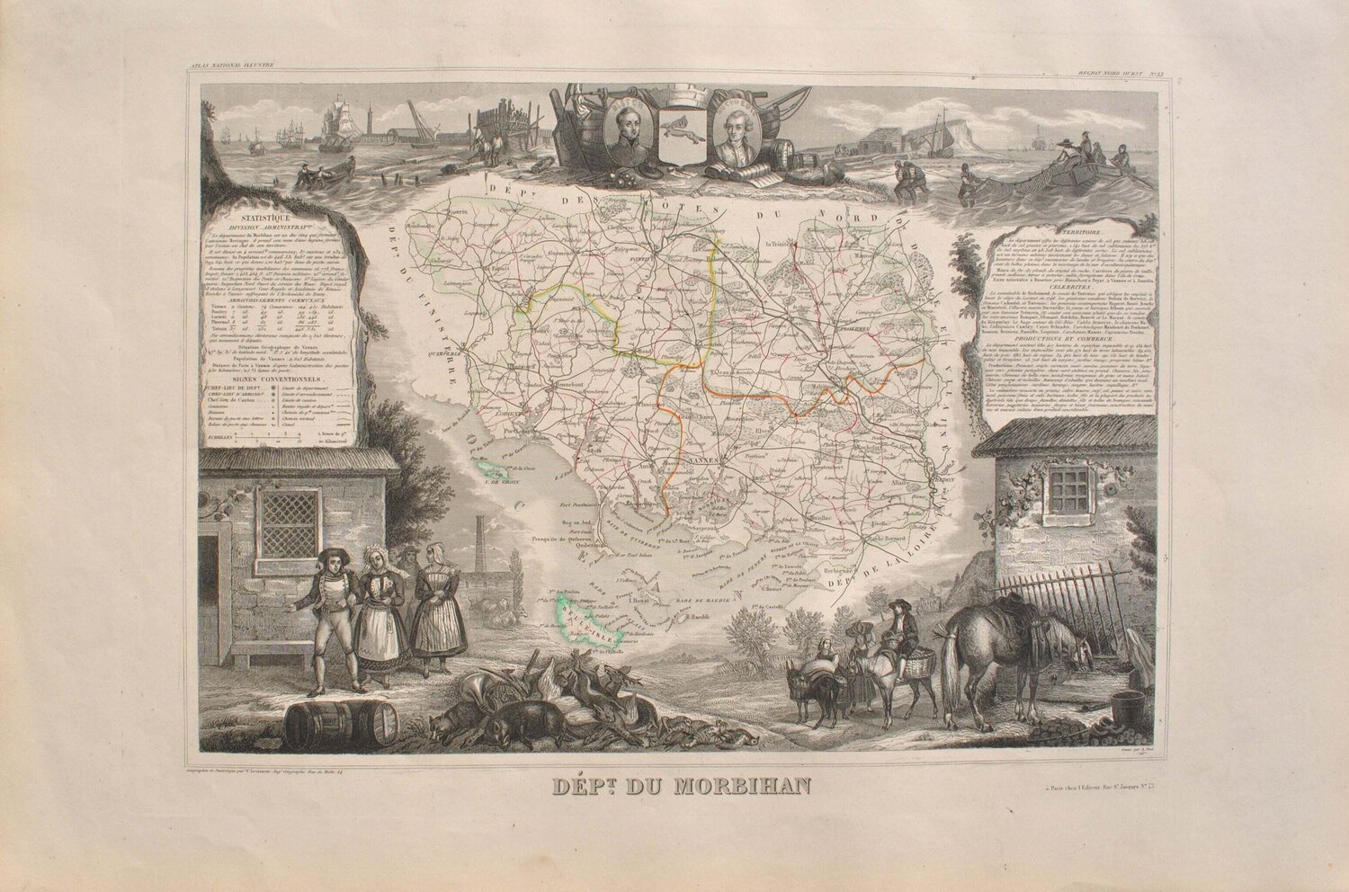 Carte ancienne du Morbihan et ses arrondissements, Gravure originale Victor Levasseur Print for sale