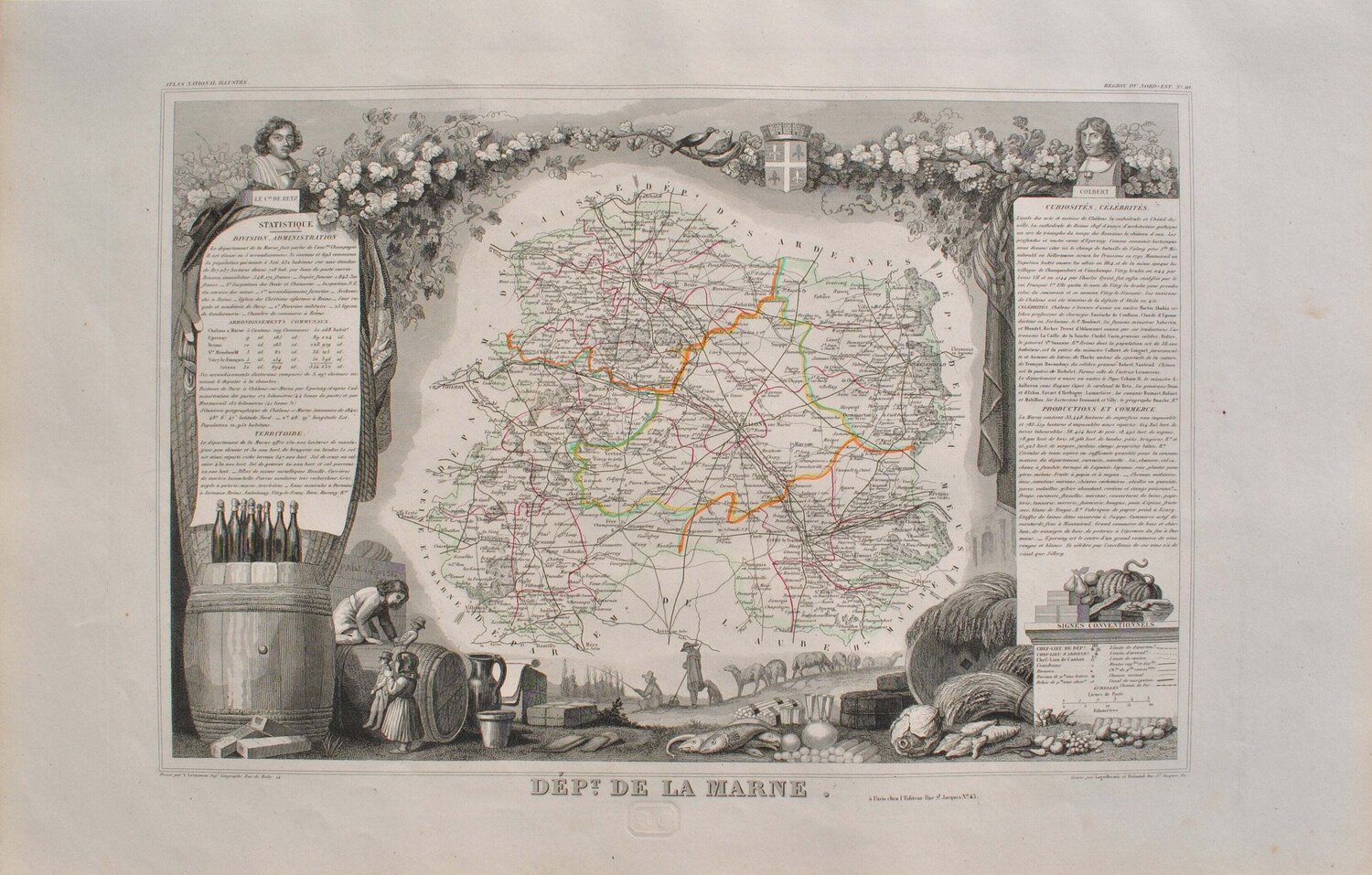 Carte ancienne de la Marne et ses arrondissements, Gravure originale Victor Levasseur Print for sale