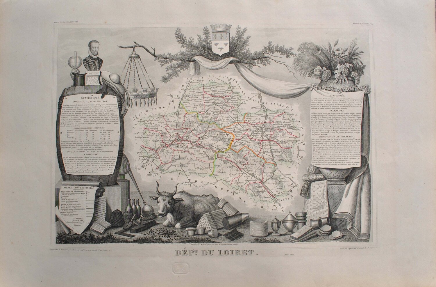 Carte ancienne du Loiret et ses arrondissements, Gravure originale Victor Levasseur Impresión en venta