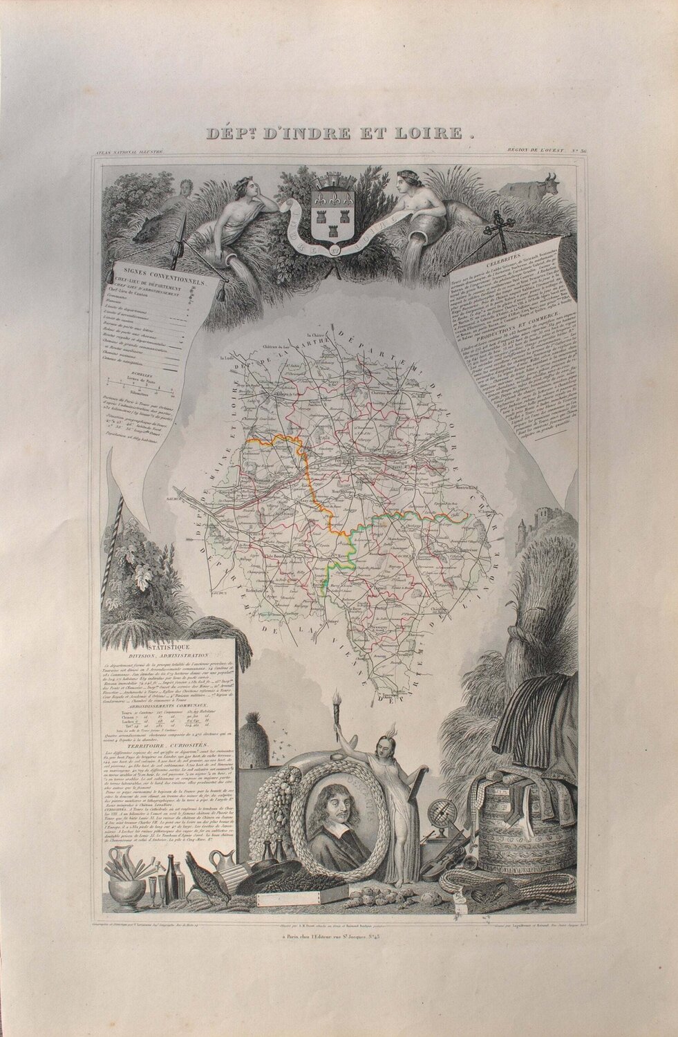 Carte ancienne de l'Indre et Loire et ses arrondissements, Gravure originale Victor Levasseur Édition à vendre