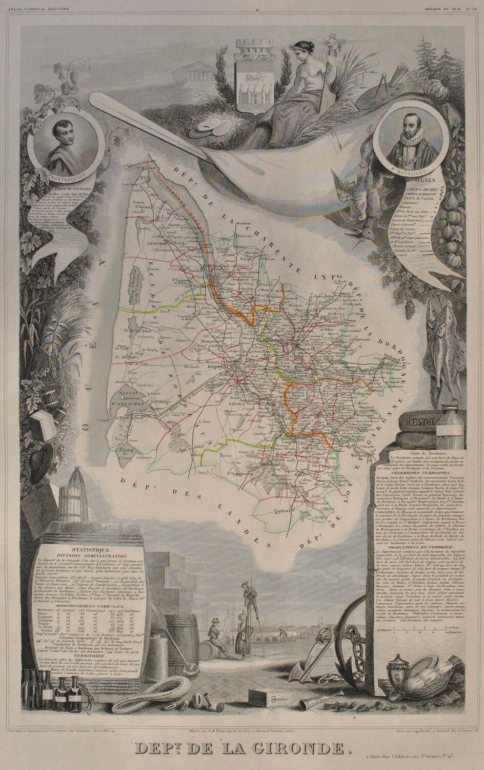 Carte ancienne de la Gironde et ses arrondissements, Gravure originale Victor Levasseur Impresión en venta