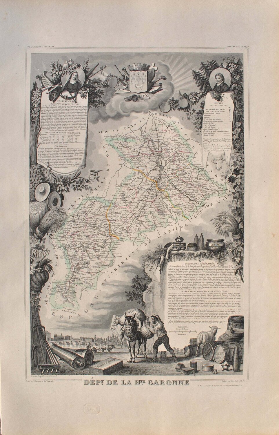 Carte ancienne de la Haute Garonne et ses arrondissements, Gravure originale Victor Levasseur Édition à vendre