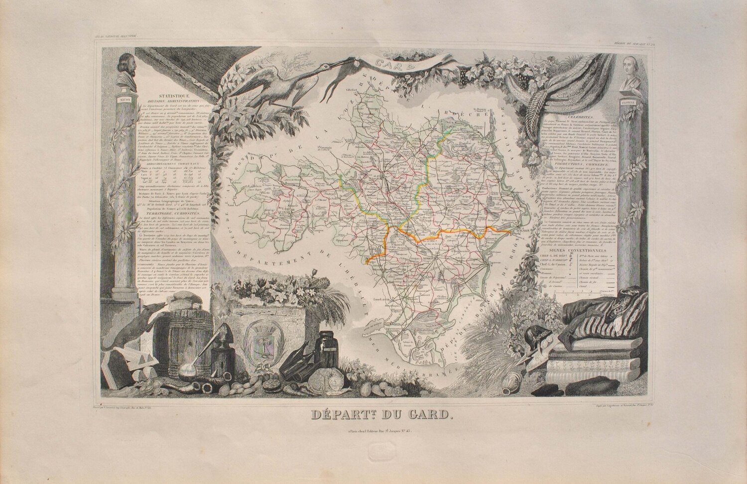 Carte ancienne du Gard et ses arrondissements, Gravure originale Victor Levasseur Druck zu verkaufen