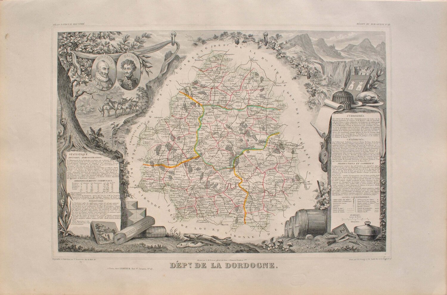 Carte ancienne de la Dordogne et ses arrondissements, Gravure originale Victor Levasseur Impresión en venta