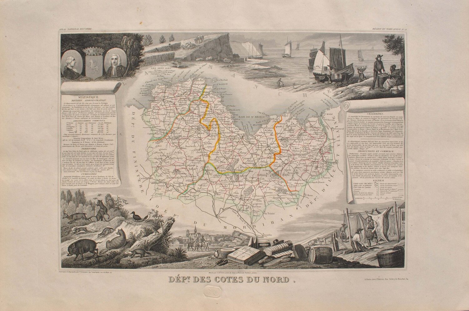 Carte ancienne des Côtes du Nord et ses arrondissements, Gravure originale Victor Levasseur Stampa in vendita